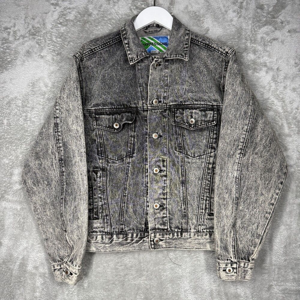 Vtg Expressions Jacket Men Medium Gray Denim Acid Wash Button Type 3 Trucker 90s